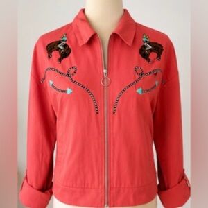 Rock & Roll Denim cropped jacket in a vibrant coral pink color Sz L